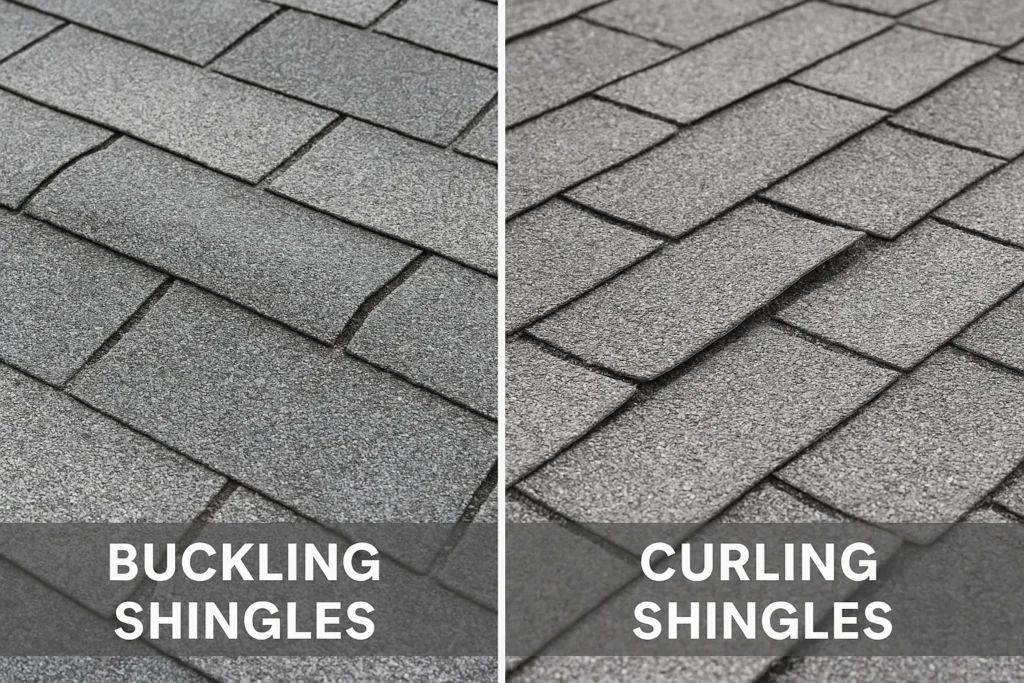 A side by side example of bucking vs curling shingles