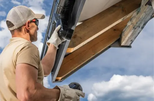A roof technician installing a gutter on a roof